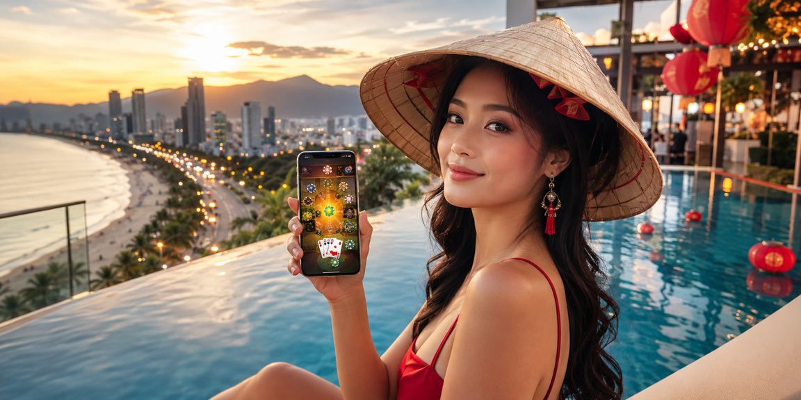 Người chơi tại Đà Nẵng đội nón lá tham gia trò chơi bài trực tuyến trong không gian hiện đại