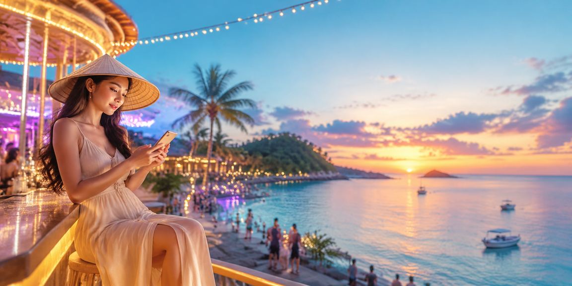 Người dùng tại Phú Quốc đội nón lá sử dụng ứng dụng casino di động bên bờ biển